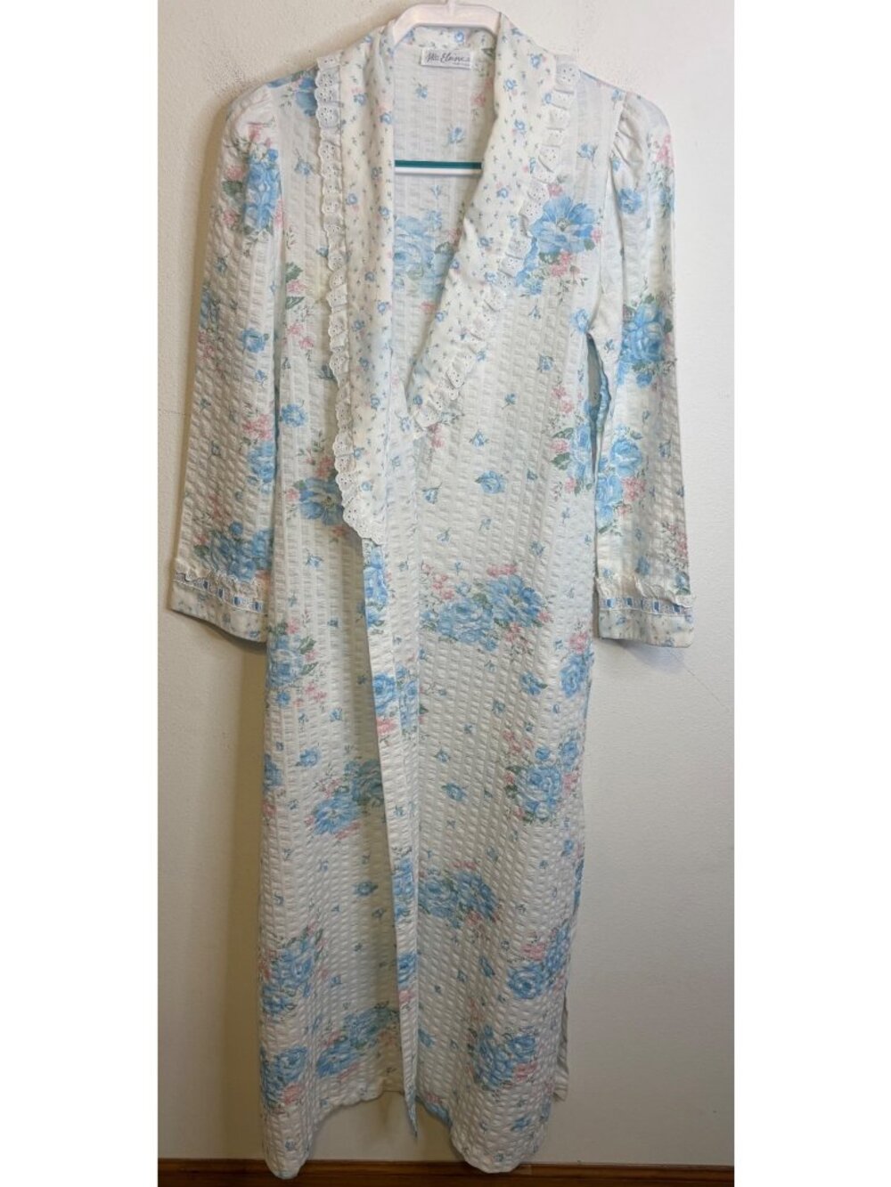 Vintage Miss Elaine Floral Seersucker Robe Cottage Coastal Grandma Long Sleeve S